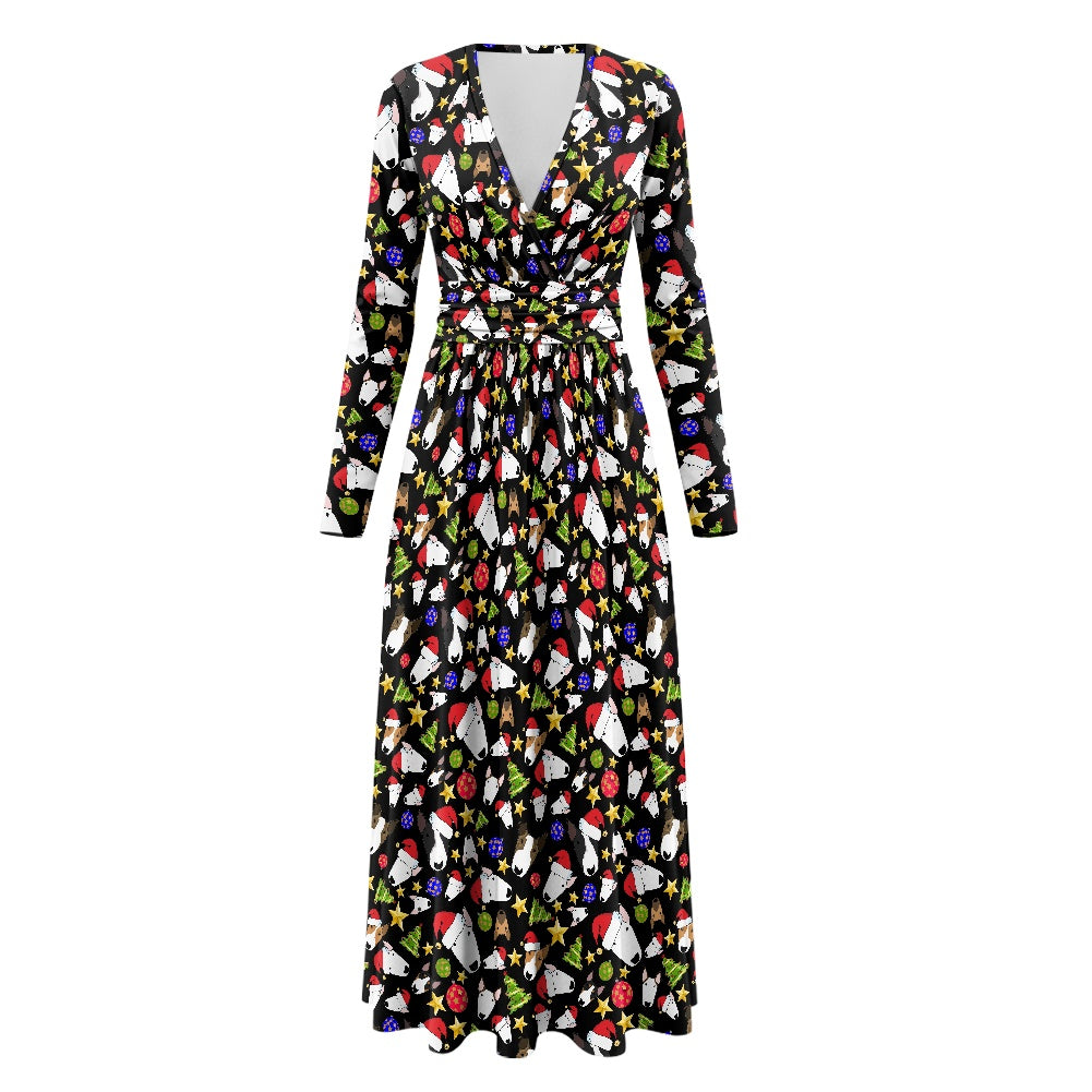 Wrap Style Bull Terrier Print Ladies Long Dress