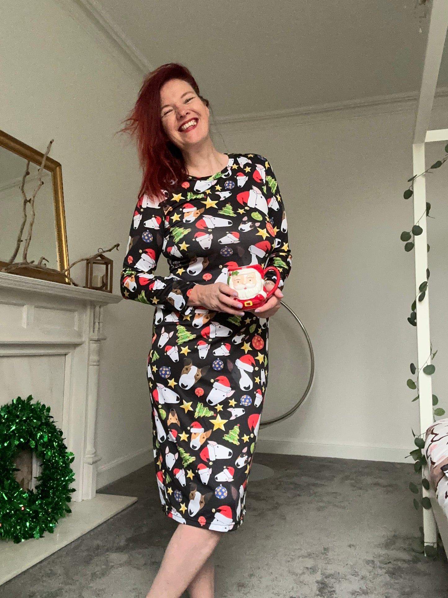 Long Sleeve Stretchy Dress with Festive Bull Terrier Print