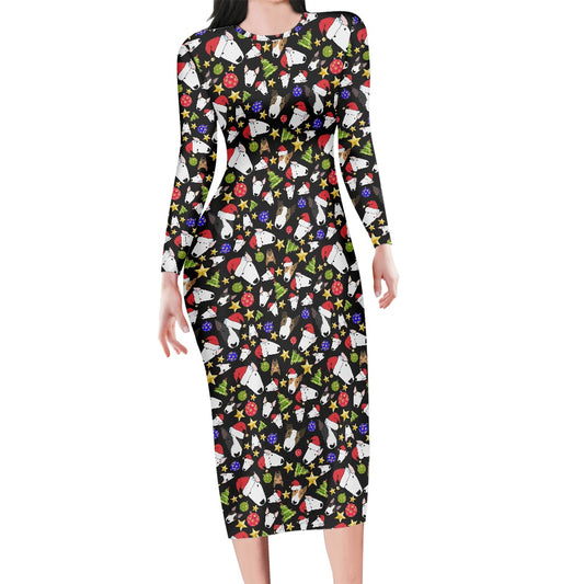 Long Sleeve Stretchy Dress with Festive Bull Terrier Print