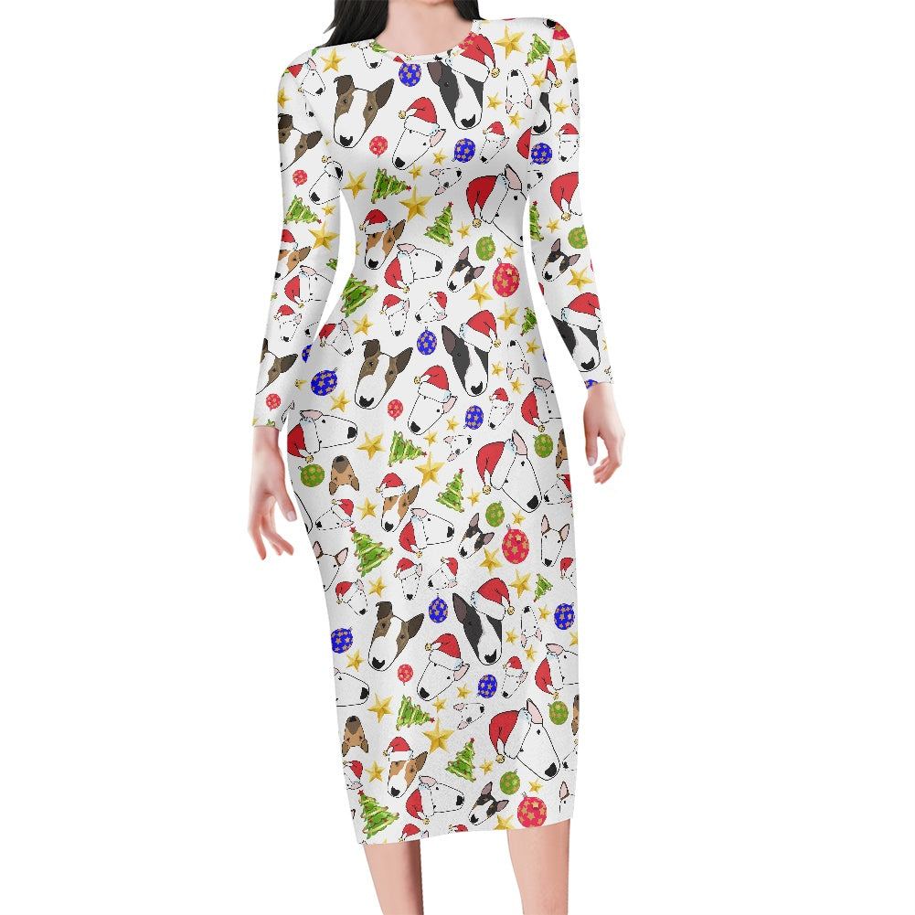 Long Sleeve Stretchy Dress with Festive Bull Terrier Print