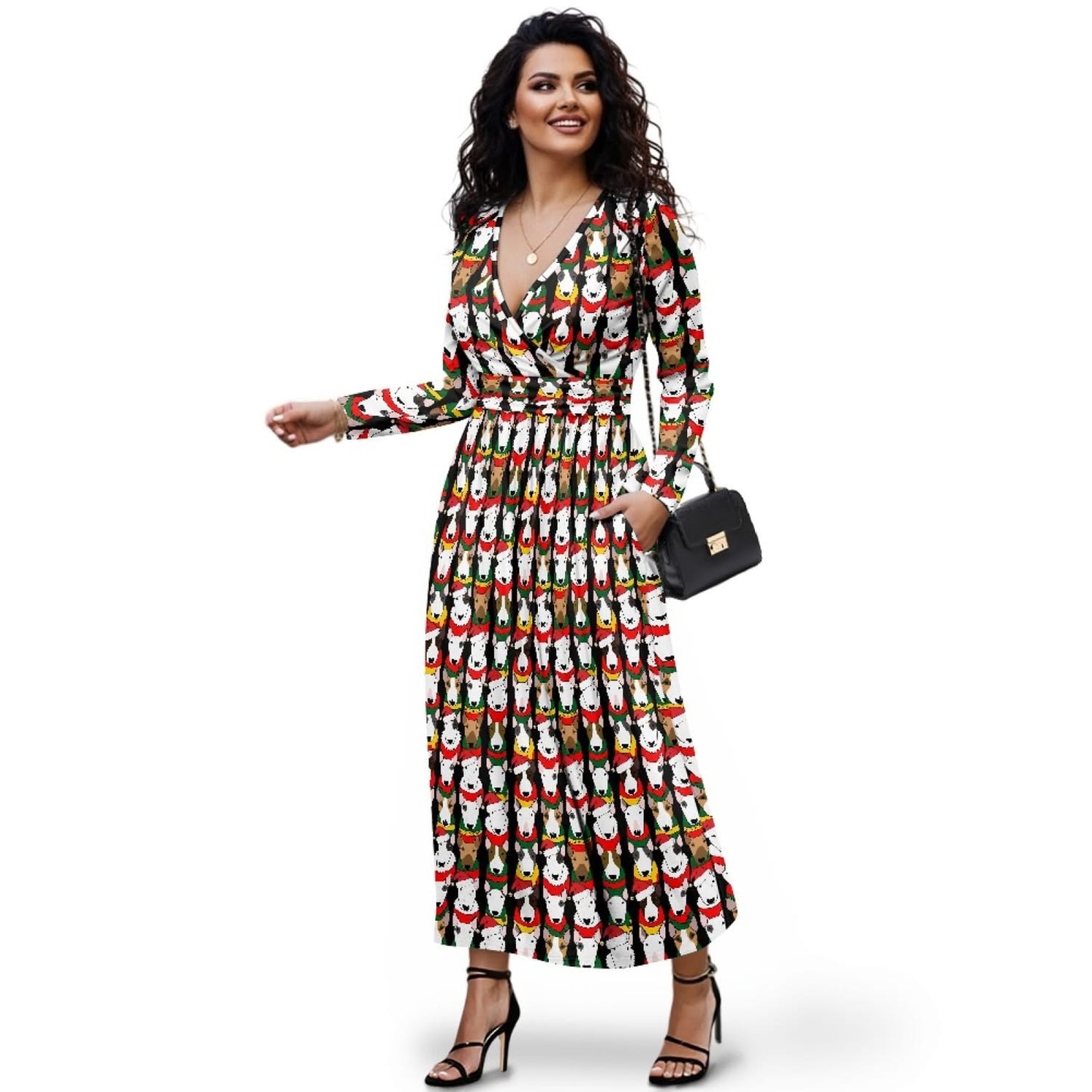Wrap Style Bull Terrier Print Ladies Long Dress